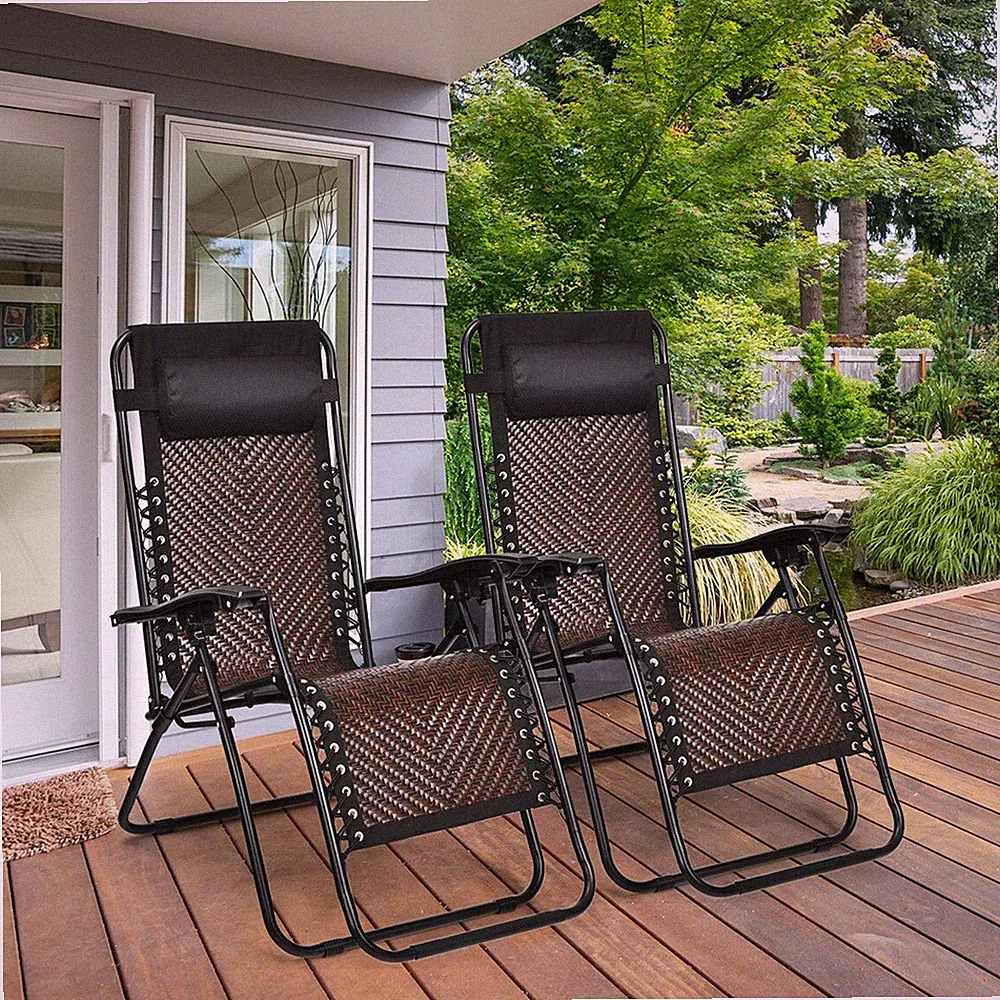 Set of 2 Folding Rattan Patio Zero Gravity Lounge Chair Recliner