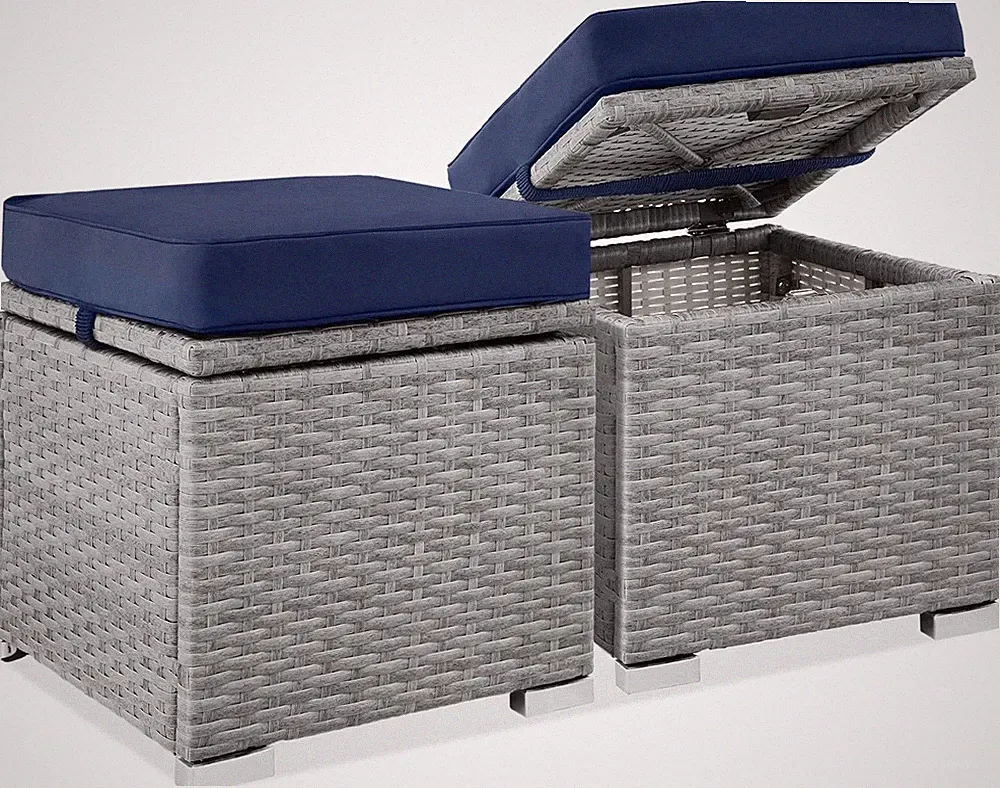Set of 2 Gray/Navy Wicker Ottomans with Cushions - Versatile Outdoor Seating