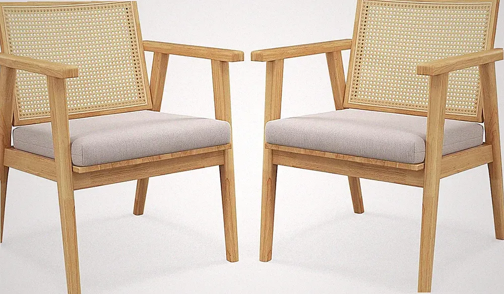 Set of 2 Rattan Accent Chairs, Comfy Mid-Century Lounge Armchairs