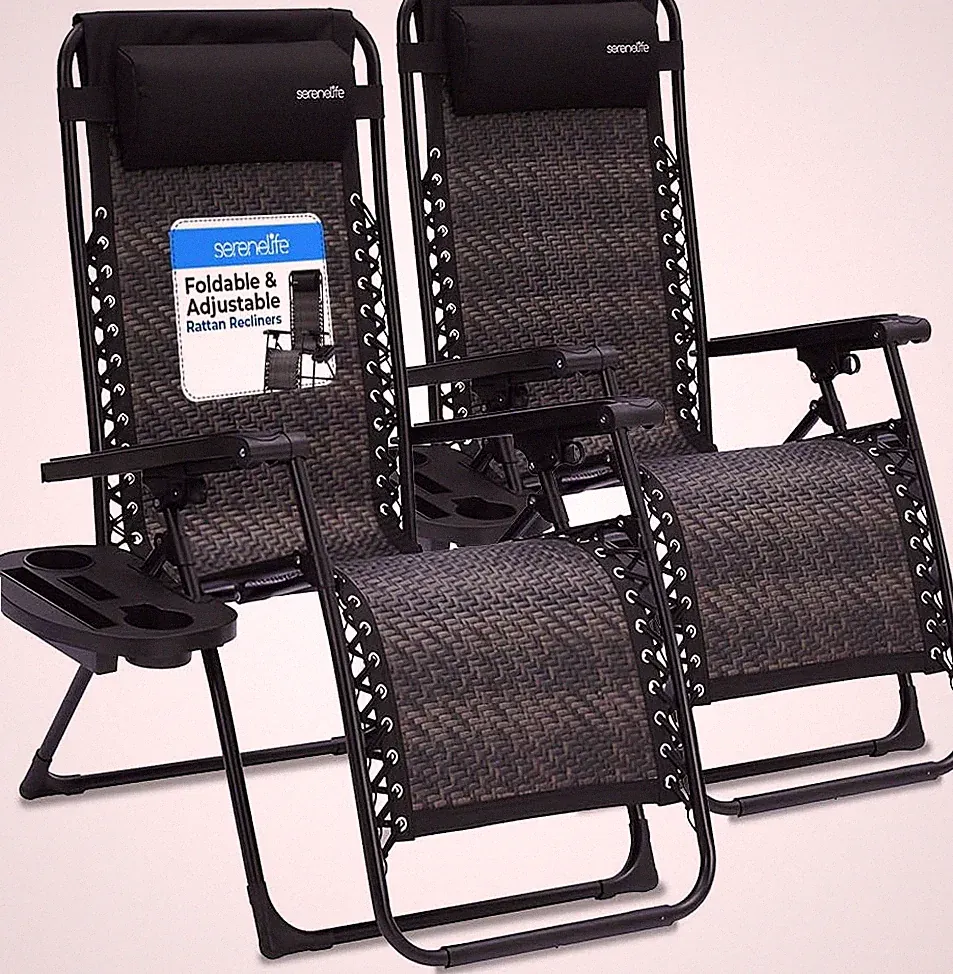 Set of 2 Zero Gravity Rattan Chairs with Cup Holders & Side Table
