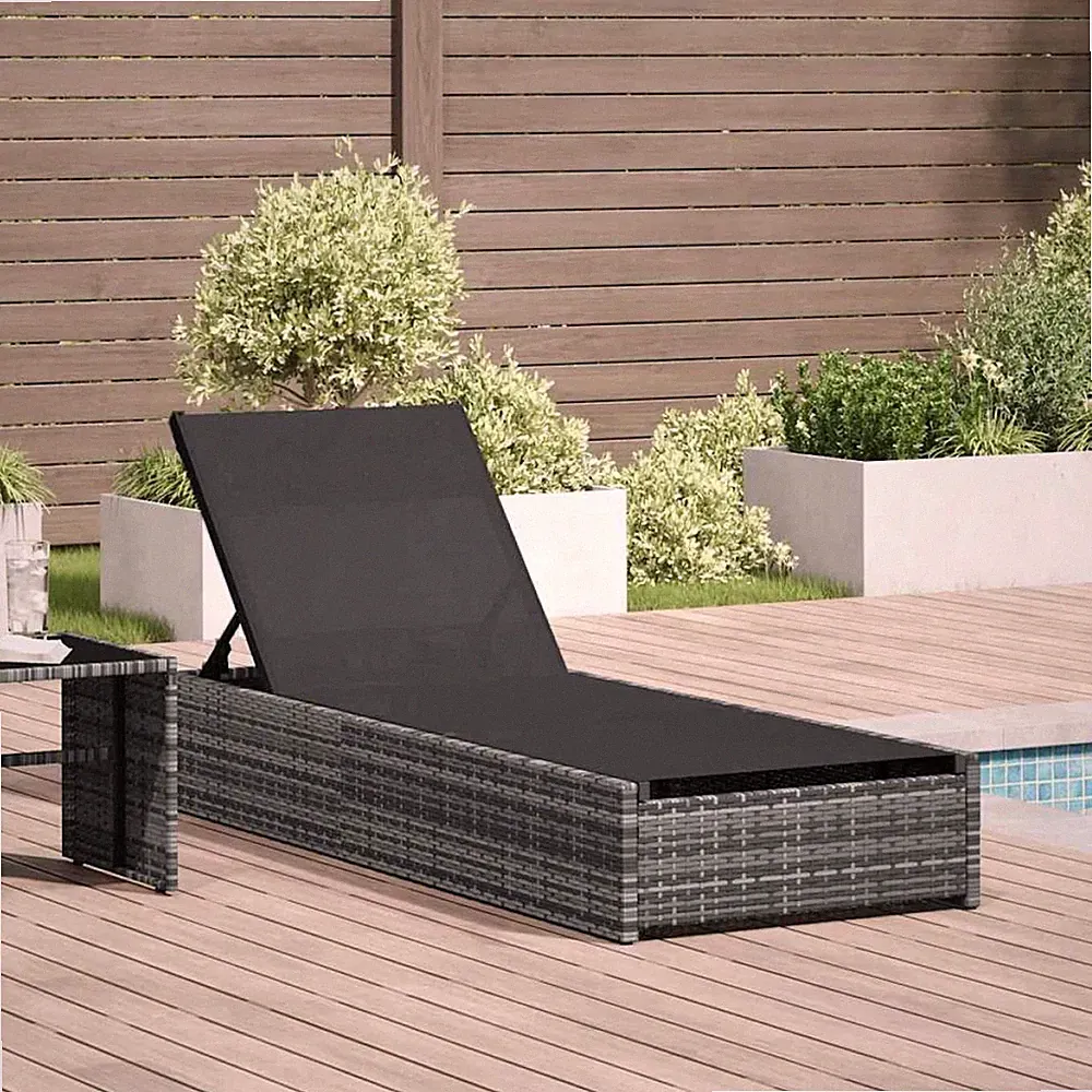 Sun Lounger Grey Poly Rattan Reclining 200.5x70x75cm Frame Outdoor Adjustable UK
