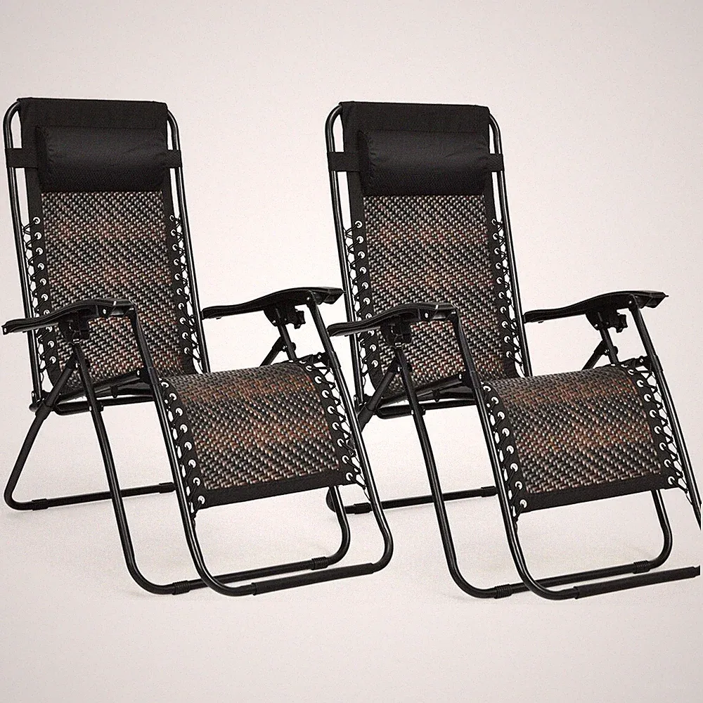 Topbuy 2PCS Folding Recliner Patio Rattan Zero Gravity Lounge Chair W/ Headrest