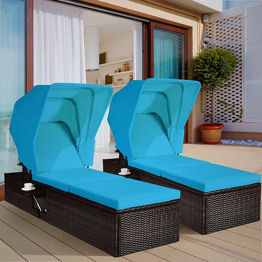 Turquoise Adjustable Chaise Lounge Chairs with Canopy & Tea Table - 2PCS Set