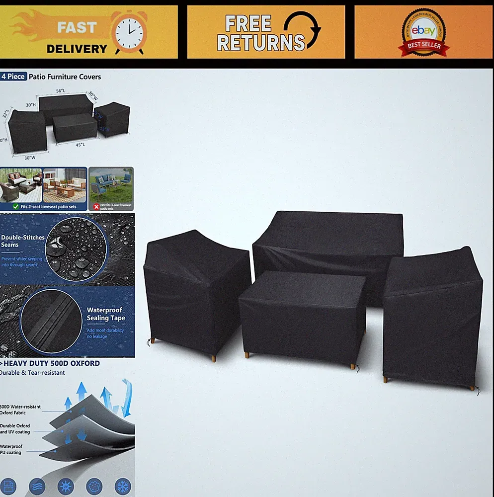Waterproof 4-Piece Outdoor Furniture Cover Set - Windproof Patio Couch & Chair C