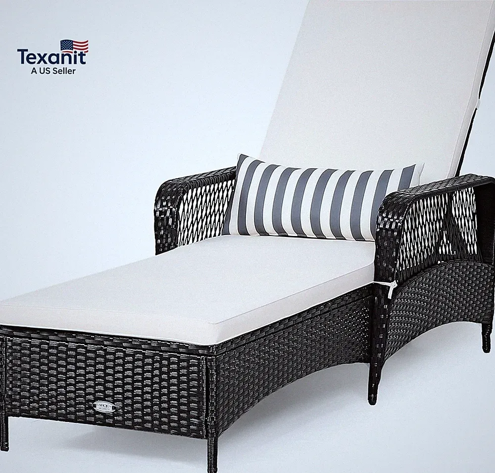 Wicker Chaise Lounge Outdoor, Patio Rattan Reclining Chaise with 6-Gear Adjustab