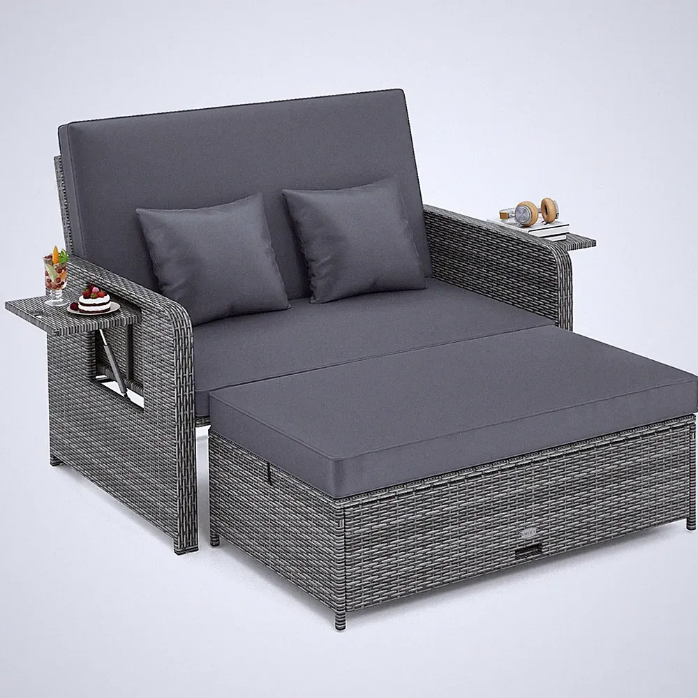 Wicker Loveseat Sofa Set Patio Rattan Daybed w/ Ottoman & Retractable Side Tray