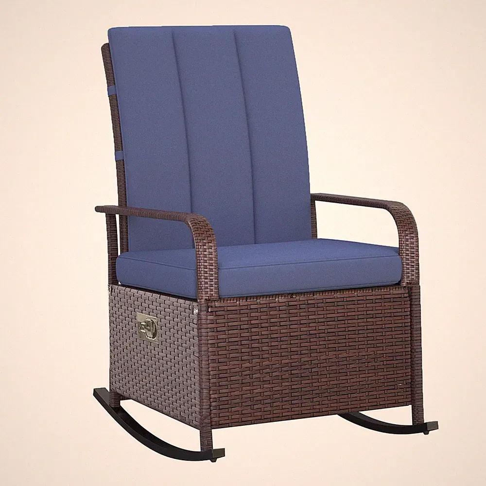 Wicker Outdoor Rocking Chair, Patio Recliner with Adjustment Backrest, PE Rattan